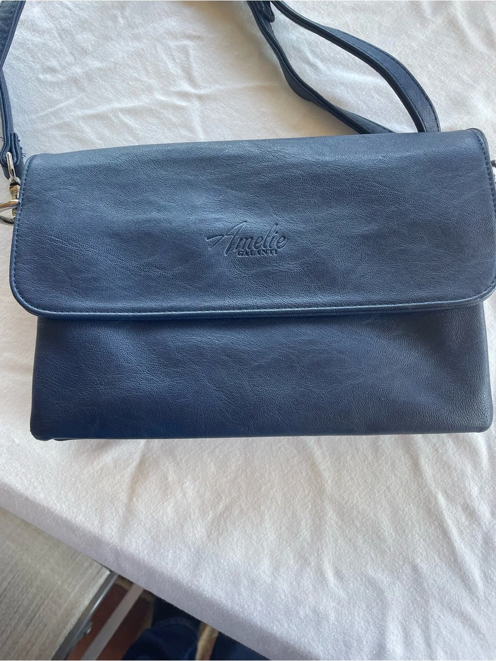 Amelie Galanti Navy Foldover Crossbody Clutch Purse Minimalist Chic Bag EUC